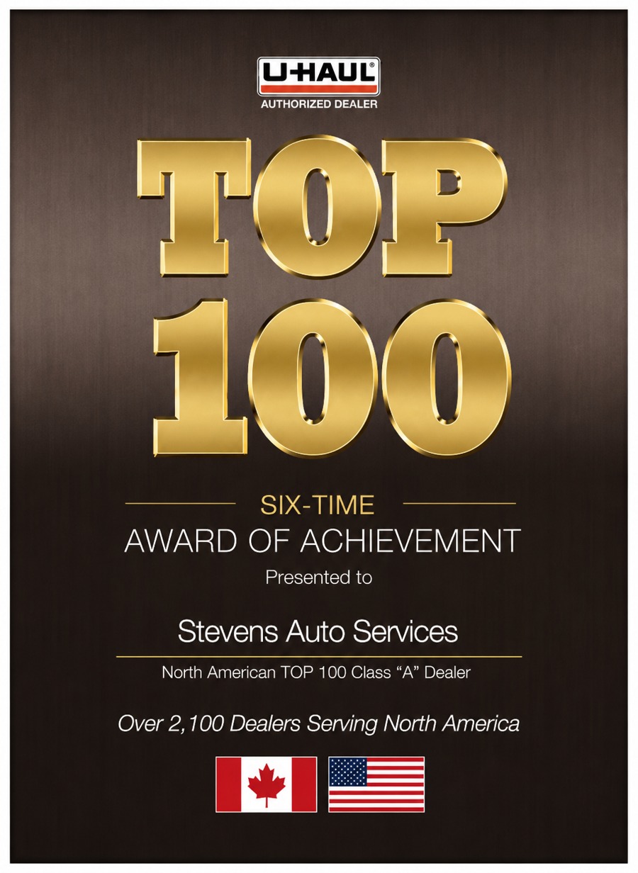 U-Haul Top 100 six-time Award of Achievement presented to Stevens Auto Services