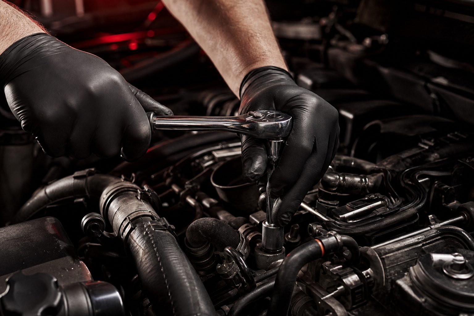 Mechanic working deep in an engine bay at Steven's Auto Services